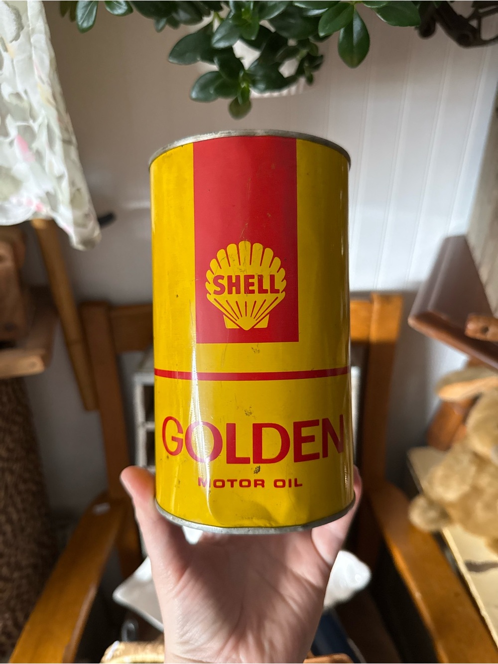 Shell Golden Motor Oil Can - Yellow & Red Vintage Can